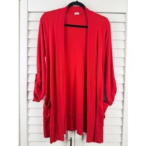 Splendid Cardigan Women L Red Open Front Roll Tab Pima Cotton Modal Ribbed